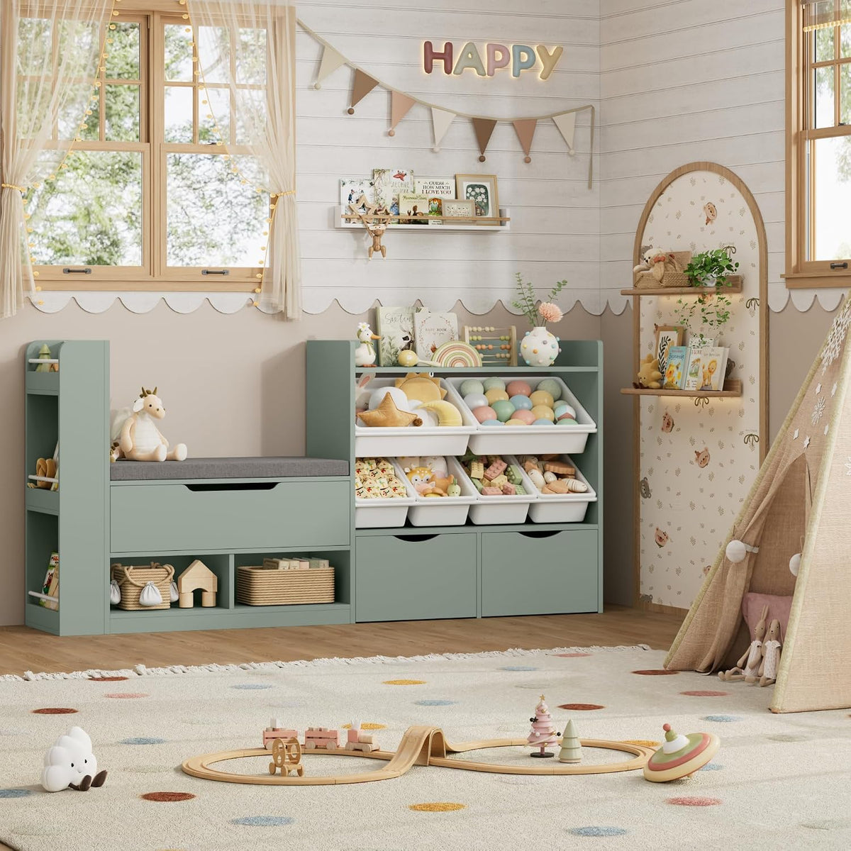 Green Wooden Kids Bookshelf With Storage Bench