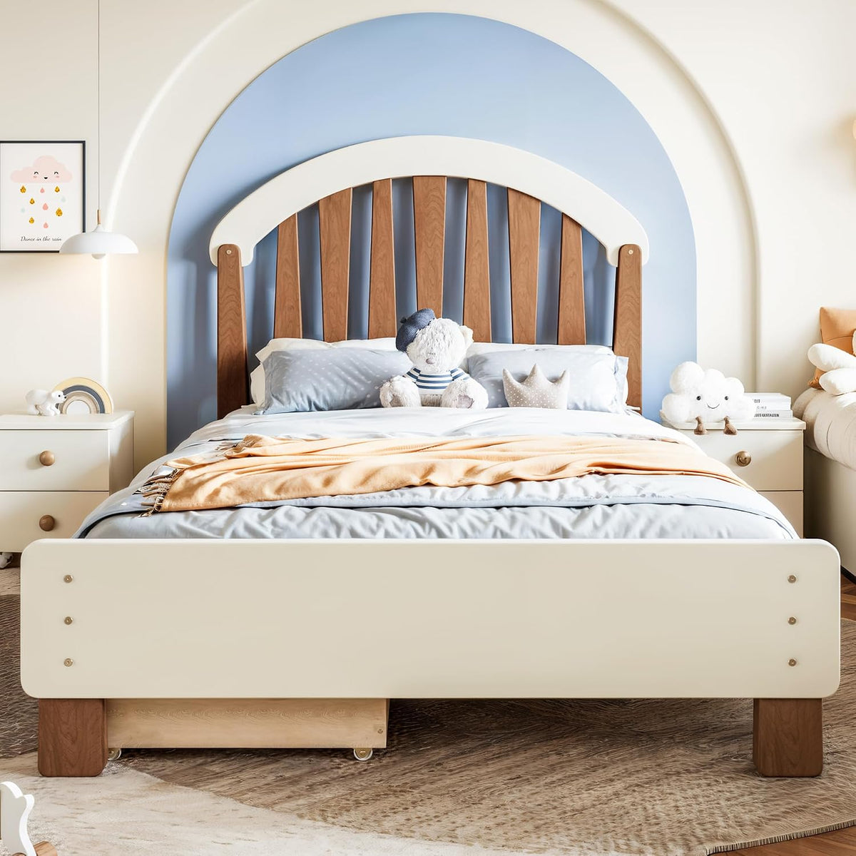 Natural Low Wooden Twin Kids Bed With Storage Drawers