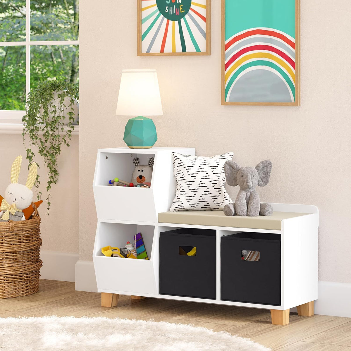 Kids Cubby Storage Bench With Reading Cushion