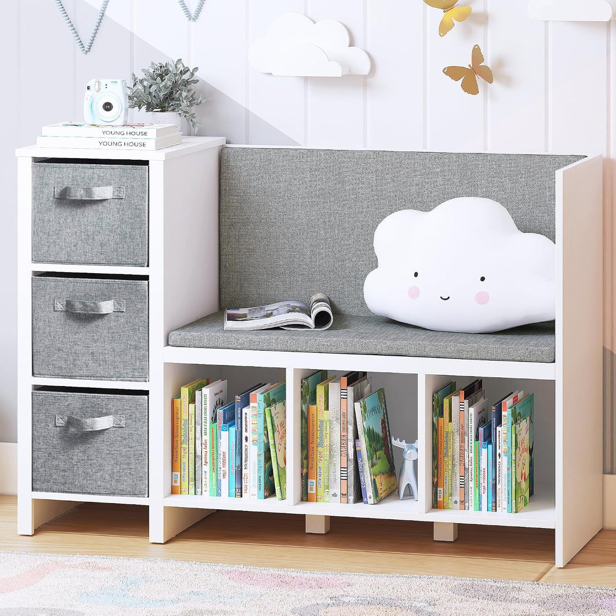 White Kids Reading Bench With Bookshelf Storage