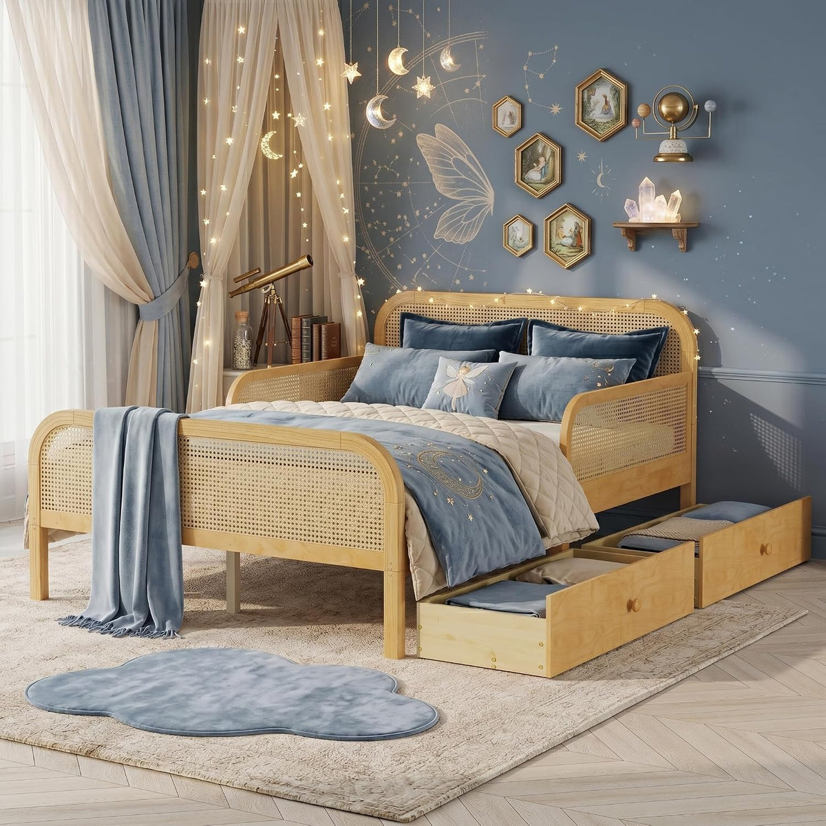 Natural Wooden Rattan Bed Frame With Storage Drawers