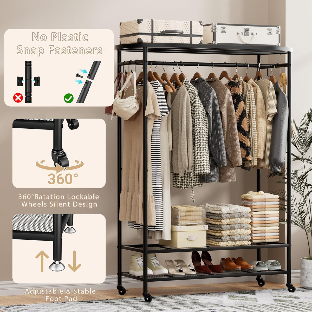Black Heavy‑Duty Rolling Covered Portable Garment Rack