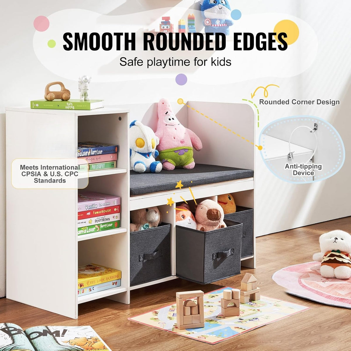 White Kids Reading Nook Bench With Storage Cushion